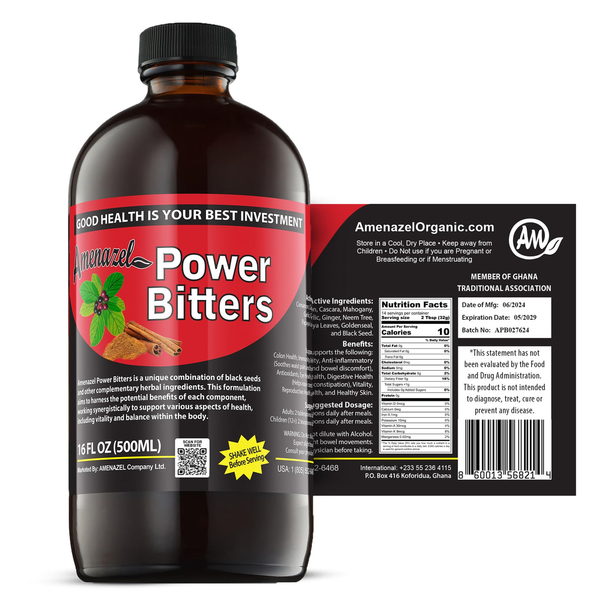 Amenazel Organic Power Bitters bottle for digestion support and immune wellness