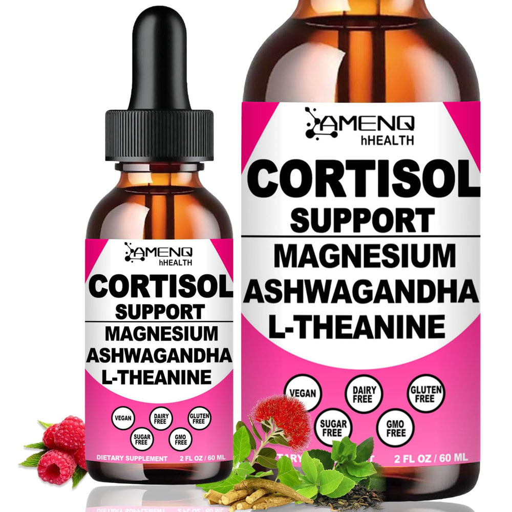 AMENQ hHEALTH cortisol drops bottle front with raspberry flavor for relaxation support