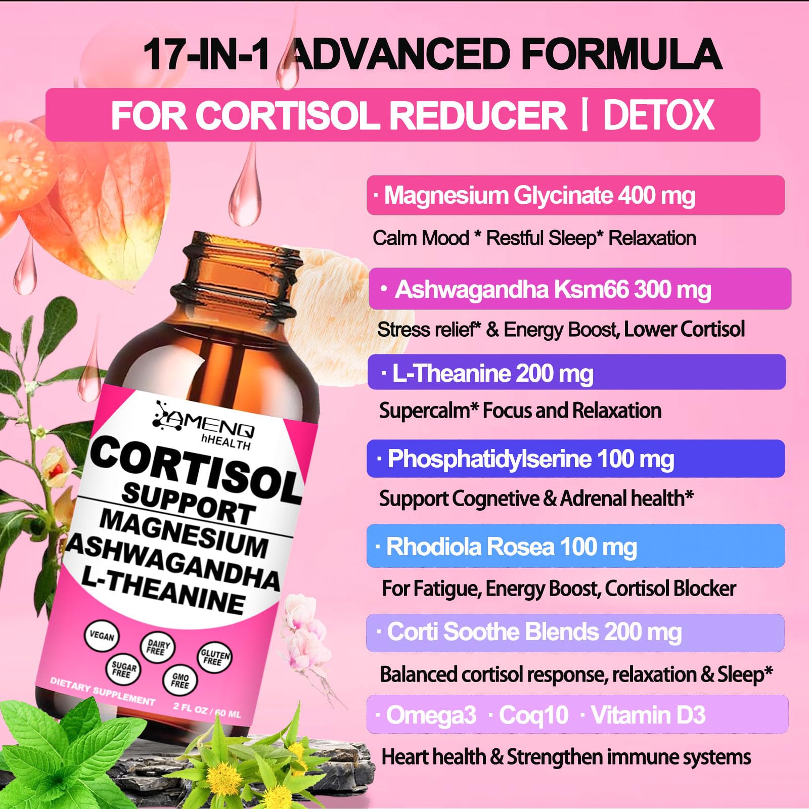 AMENQ hHEALTH cortisol drops dispensing bottle showing raspberry flavor for easy dosing