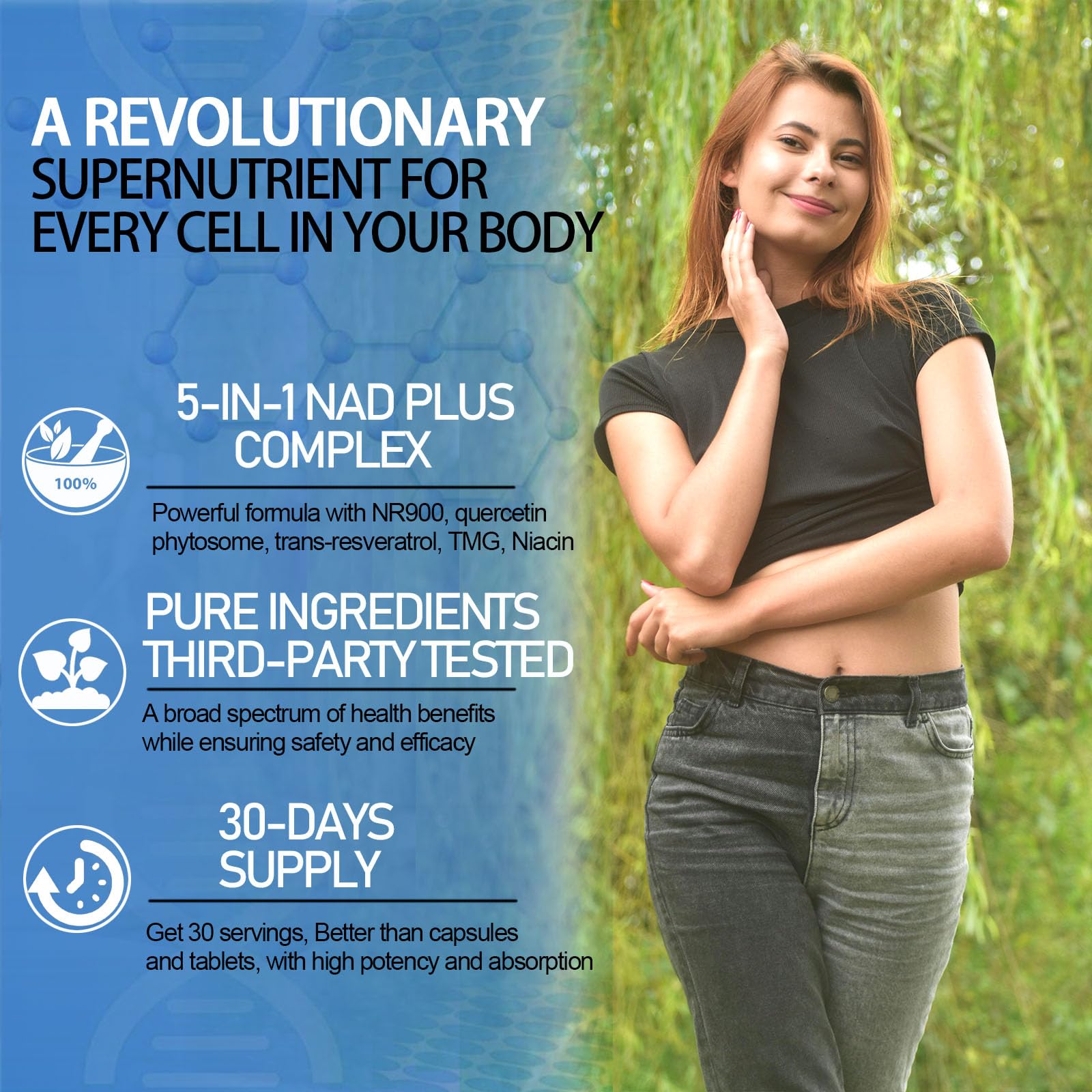 AMENQ hHEALTH ingredients label close-up showing NR, resveratrol, quercetin for cell support.