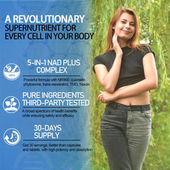 AMENQ hHEALTH ingredients label close-up showing NR, resveratrol, quercetin for cell support.