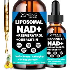 AMENQ hHEALTH NAD liquid bottle showcasing liposomal delivery for potential absorption.