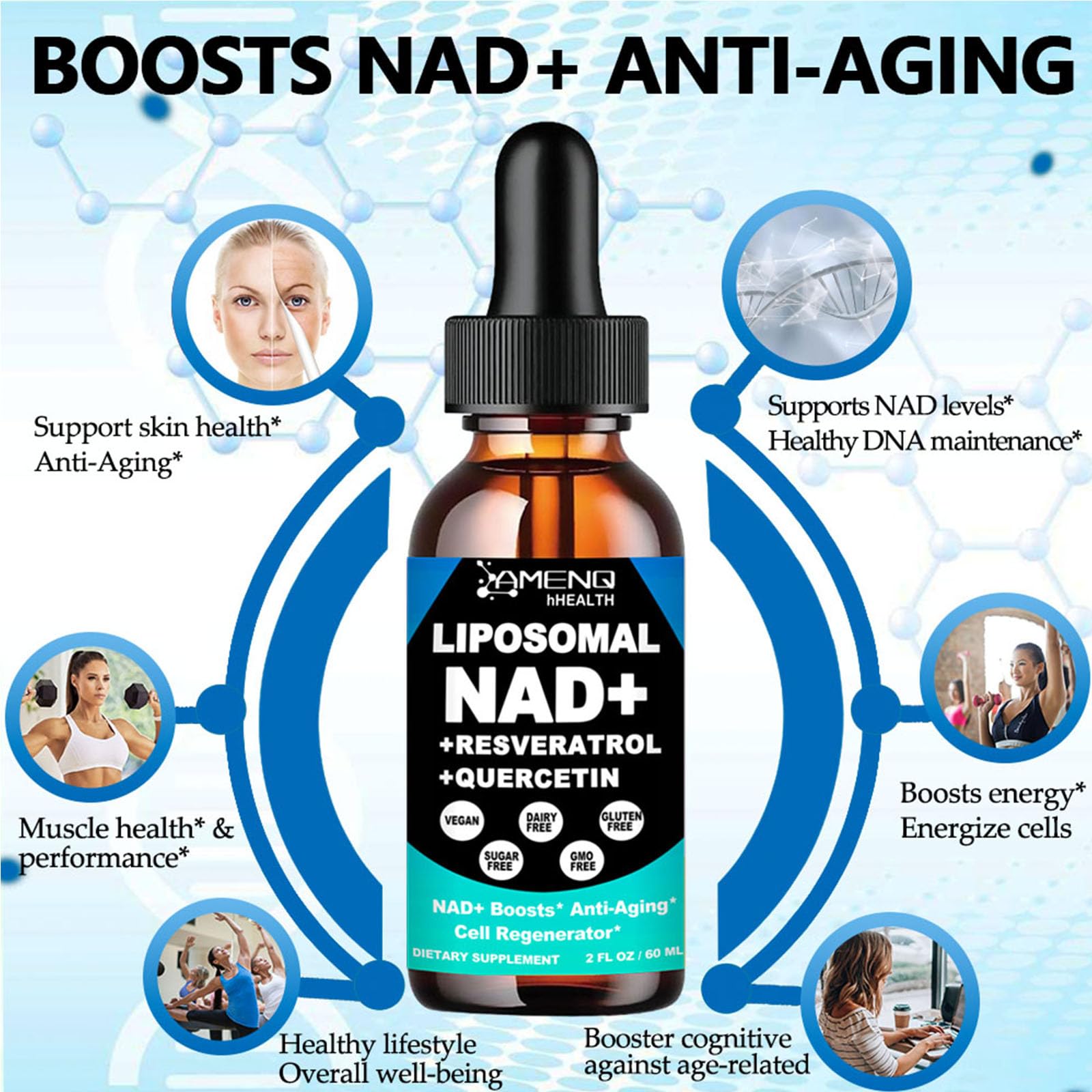 AMENQ hHEALTH NAD liquid pineapple flavor bottle suggesting pleasant daily use.
