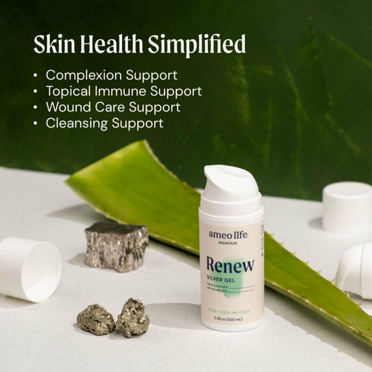 Ameo Life packaging front shows silver gel with aloe for premium skin care