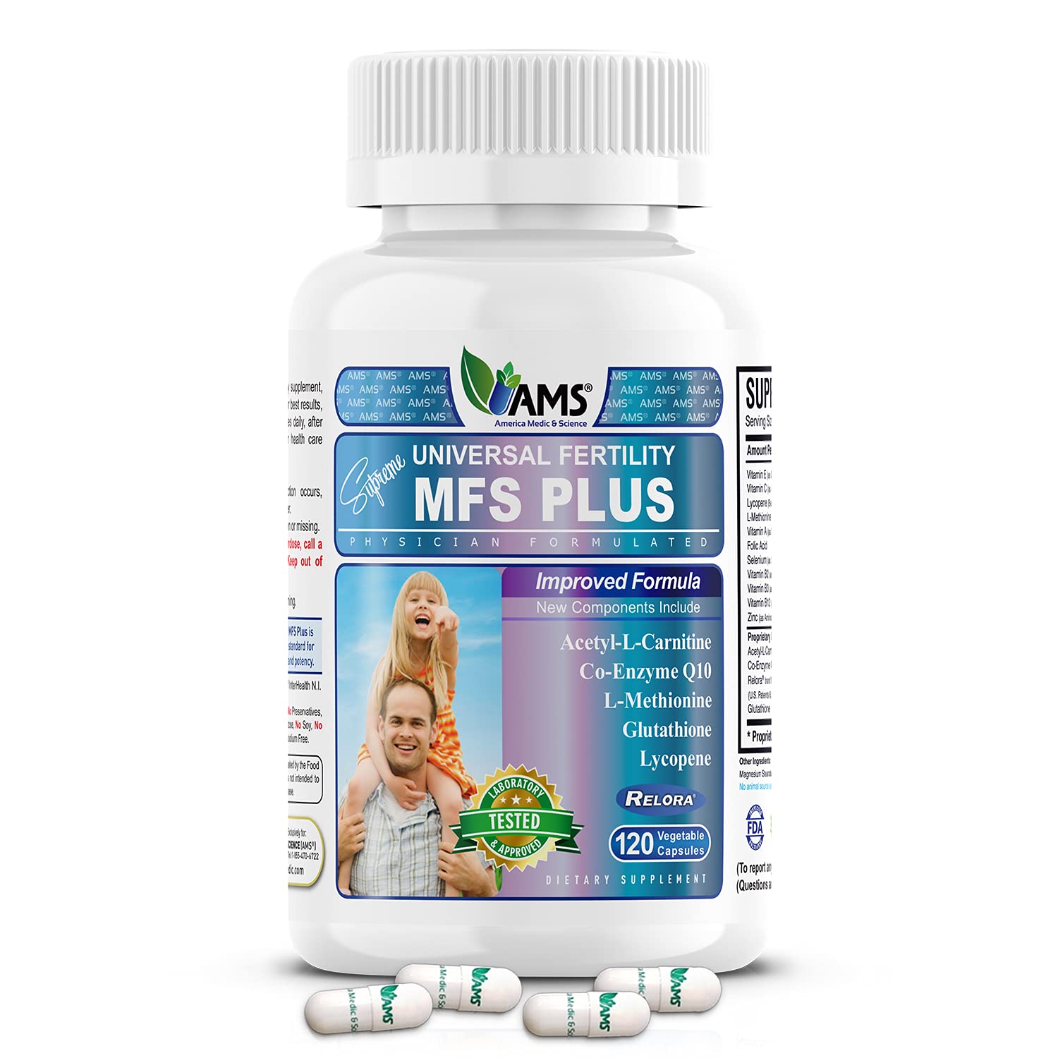 America Medic & Science MFS Plus bottle front for daily fertility support.