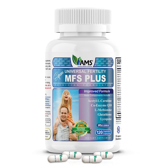America Medic & Science MFS Plus bottle front for daily fertility support.