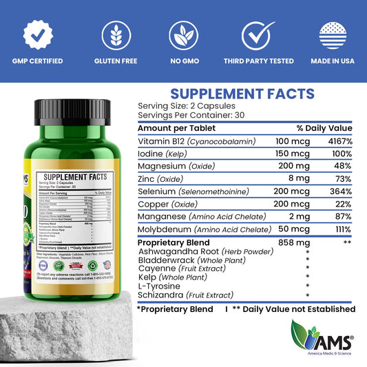 Closeup of thyroid capsules highlighting a clean vegan formula for daily use