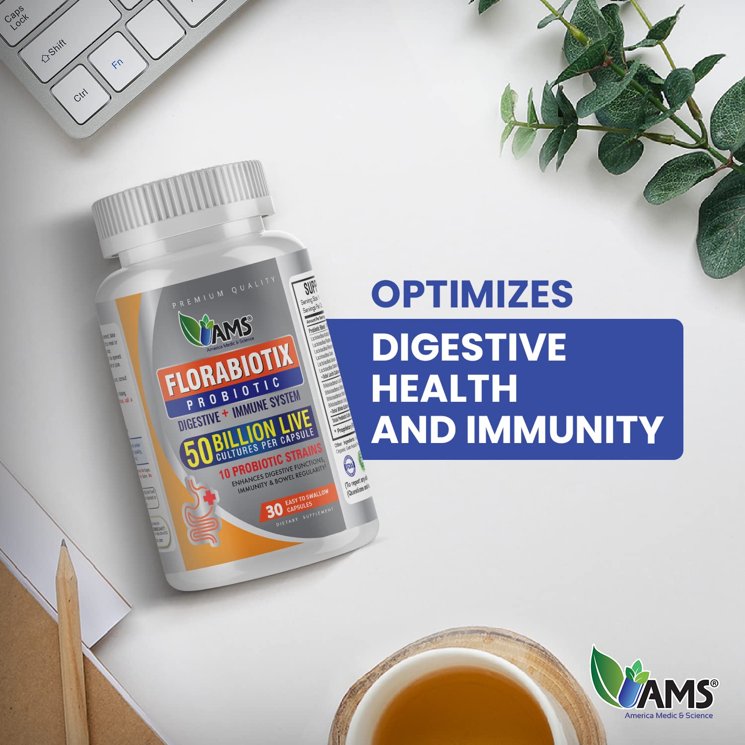 Florabiotix packaging highlighting shelf-stable, vegan probiotic formula.