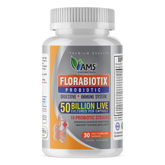 America Medic & Science Florabiotix probiotic bottle supports daily gut comfort.