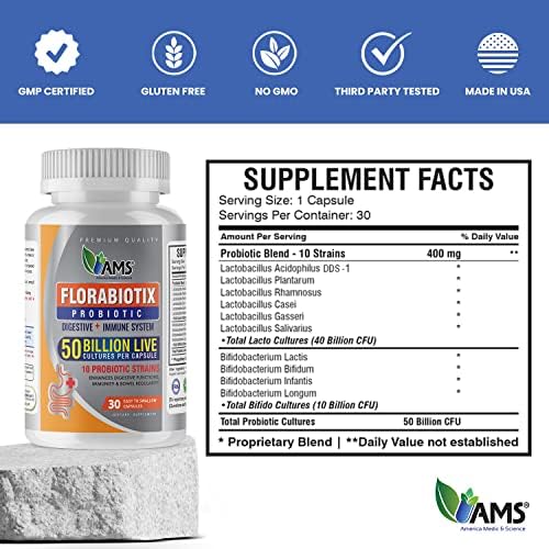 America Medic and Science Florabiotix probiotic capsules pack for daily supplementation.