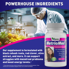 America Medic & Science MetrioMed packaging highlighting menstrual wellness and energy support.