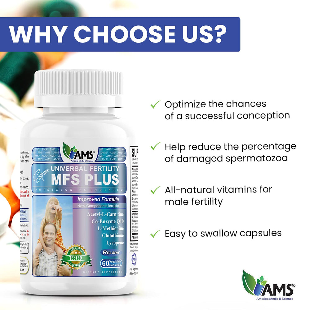 America Medic & Science MFS Plus capsules beside a glass of water showing easy-to-swallow veggie capsules