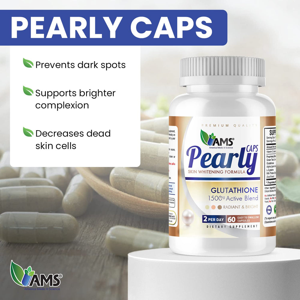 Pearly Caps capsules closeup showing 1500 mg glutathione.