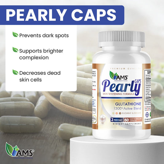 Pearly Caps capsules closeup showing 1500 mg glutathione.