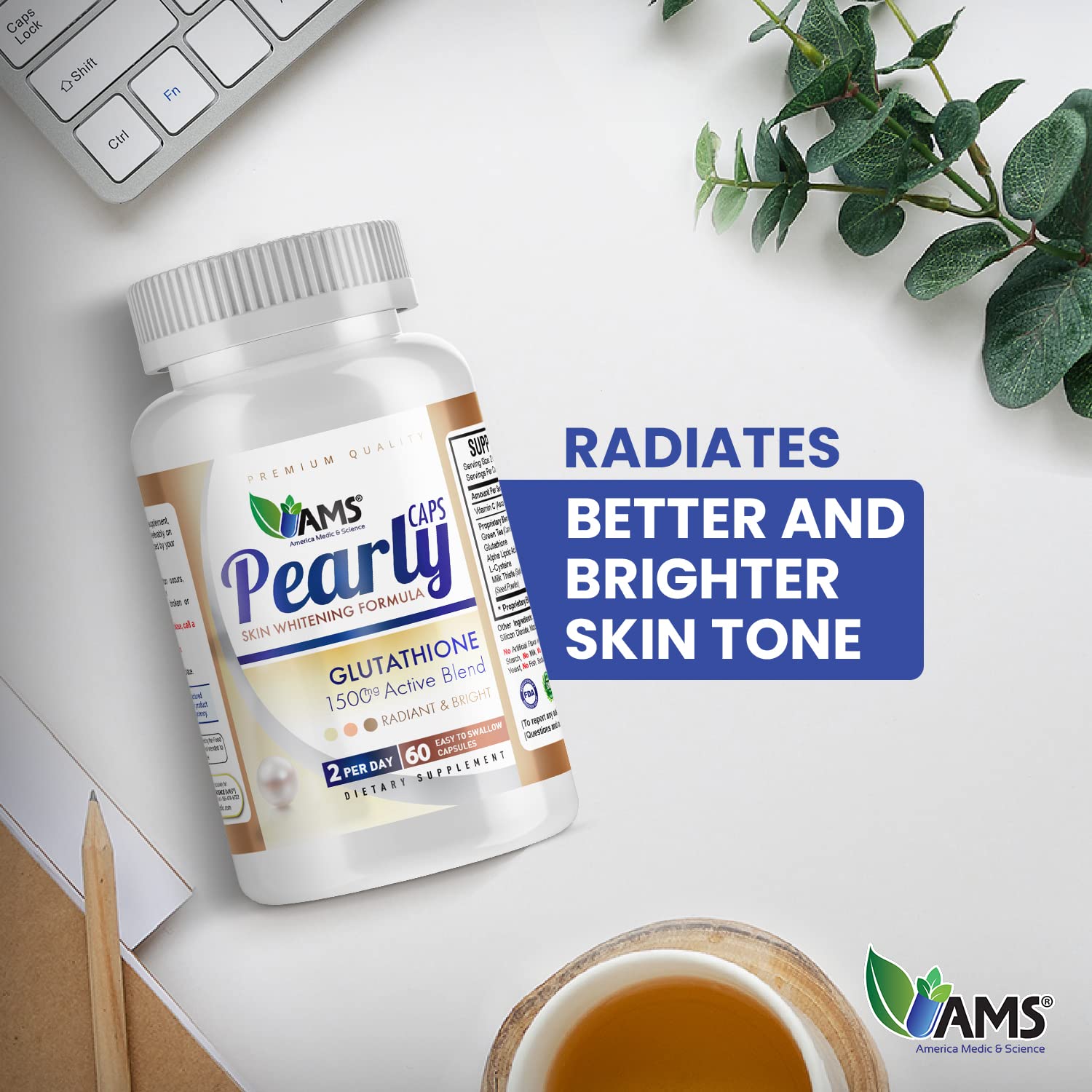 Pearly Caps label front highlighting premium whitening formula.