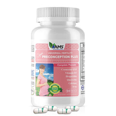 America Medic & Science Preconception Plus bottle front highlights reliable prenatal support.