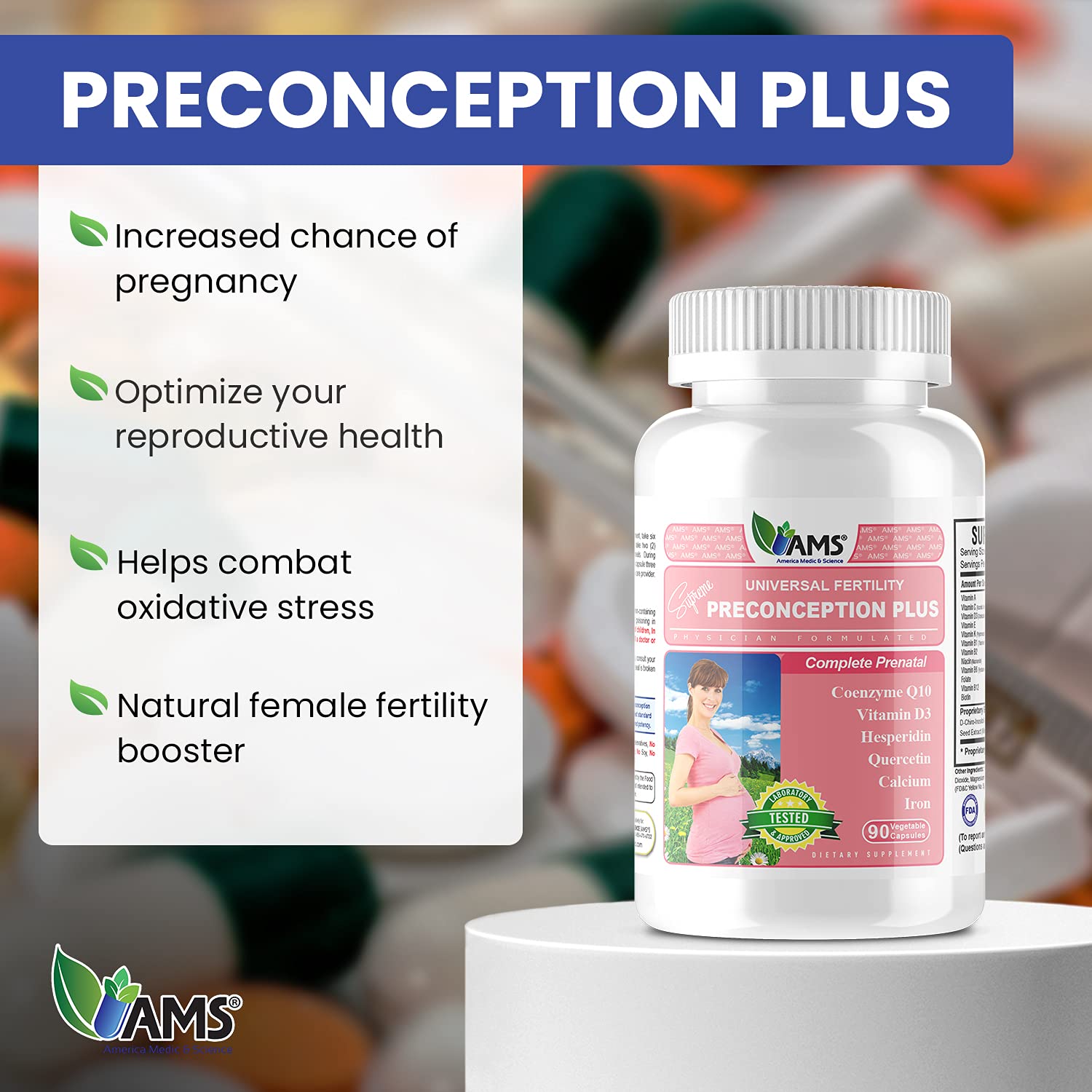 America Medic & Science Preconception Plus capsules close-up shows easy-to-swallow design.