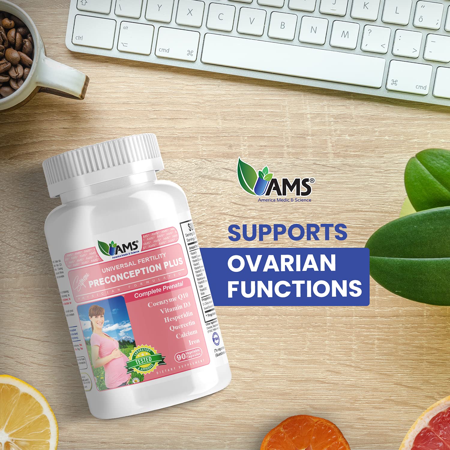 America Medic & Science Preconception Plus label close-up emphasizes essential prenatal nutrients.