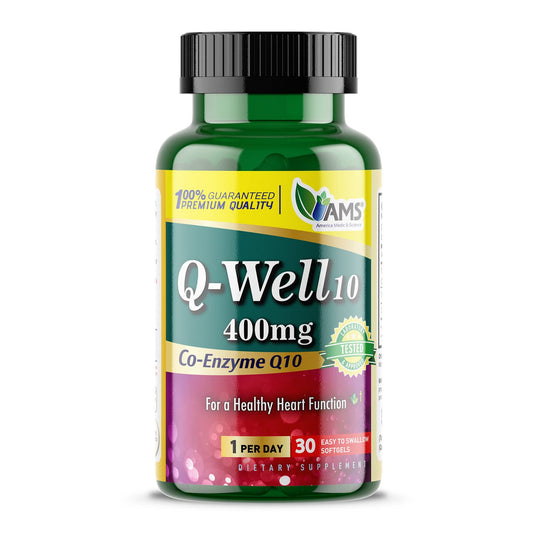 America Medic and Science Q-Well-10 bottle front showing CoQ10 400mg energy support
