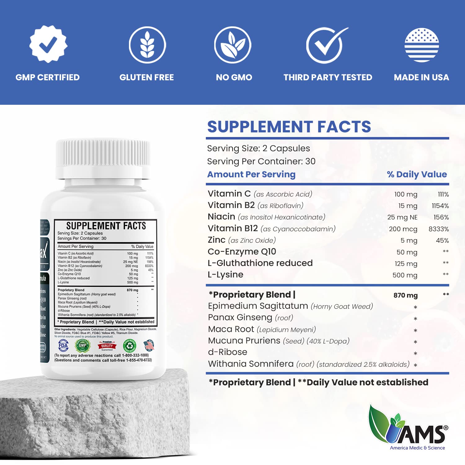 America Medic & Science Sperm Count Max ingredients scene features key vitamins.