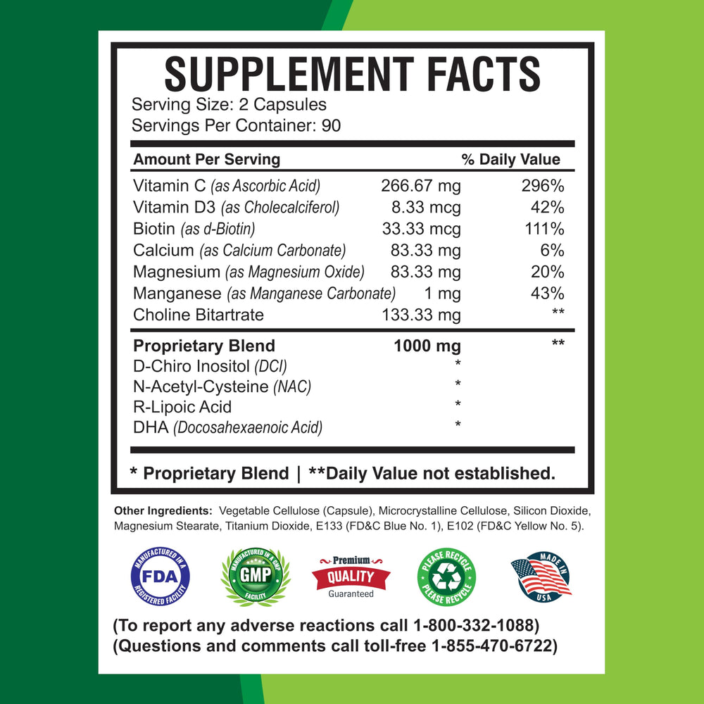 America Medic & Science WFS Plus DHA and folic acid icons indicate essential daily nutrients.