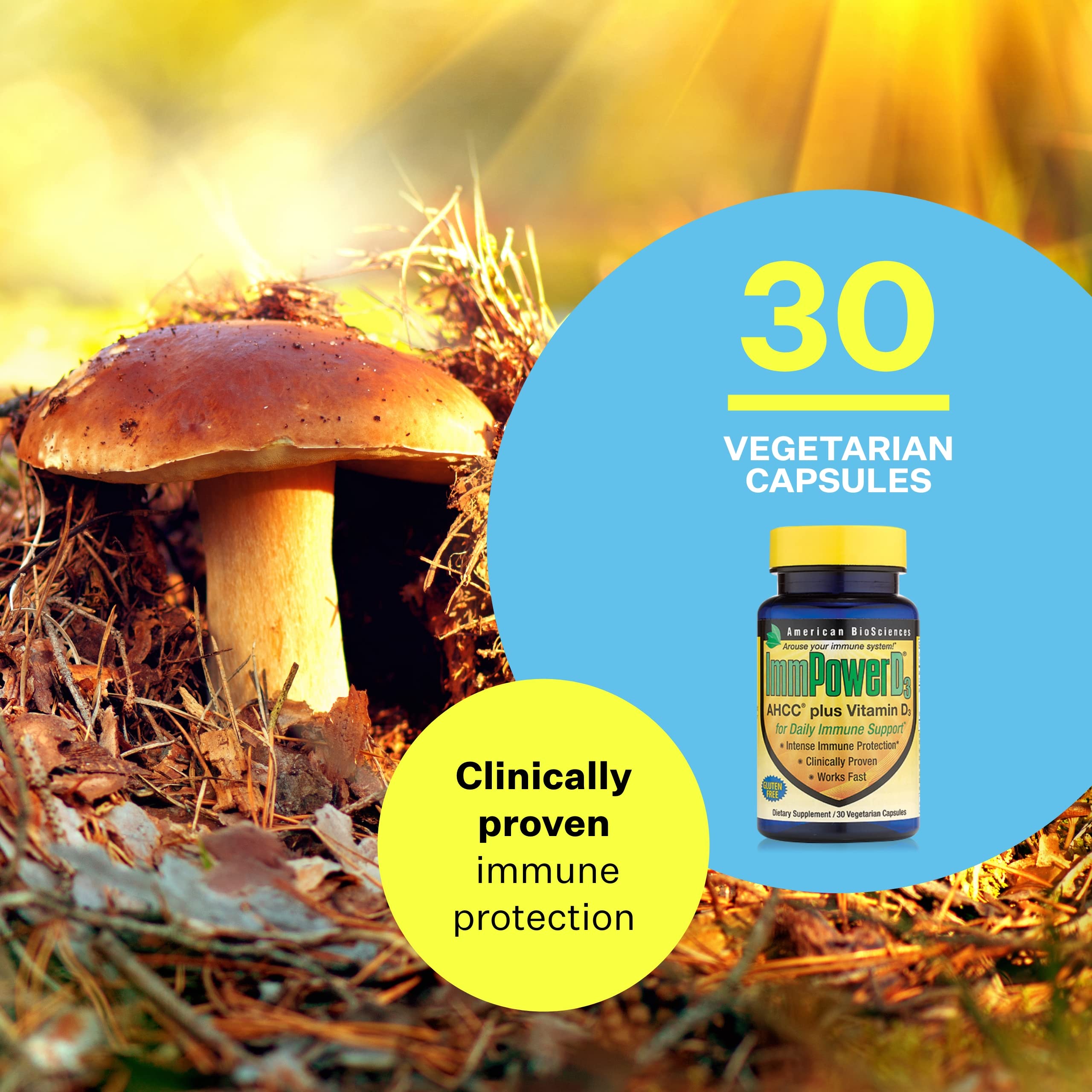 Front label highlights AHCC and Vitamin D3 synergy for everyday support.