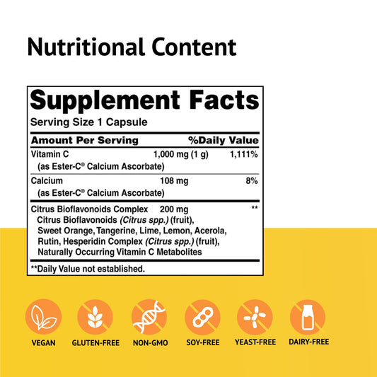 Label of American Health Ester-C 1000 mg showing citrus bioflavonoids and dosage