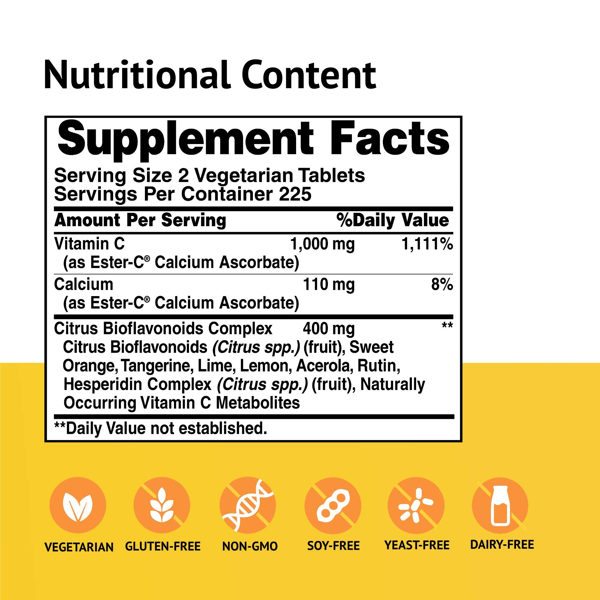 American Health Ester-C bottle label close-up showing non-GMO and vegan certifications.