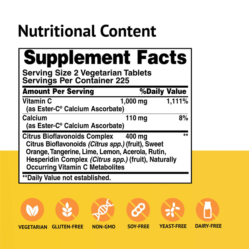 American Health Ester-C bottle label close-up showing non-GMO and vegan certifications.