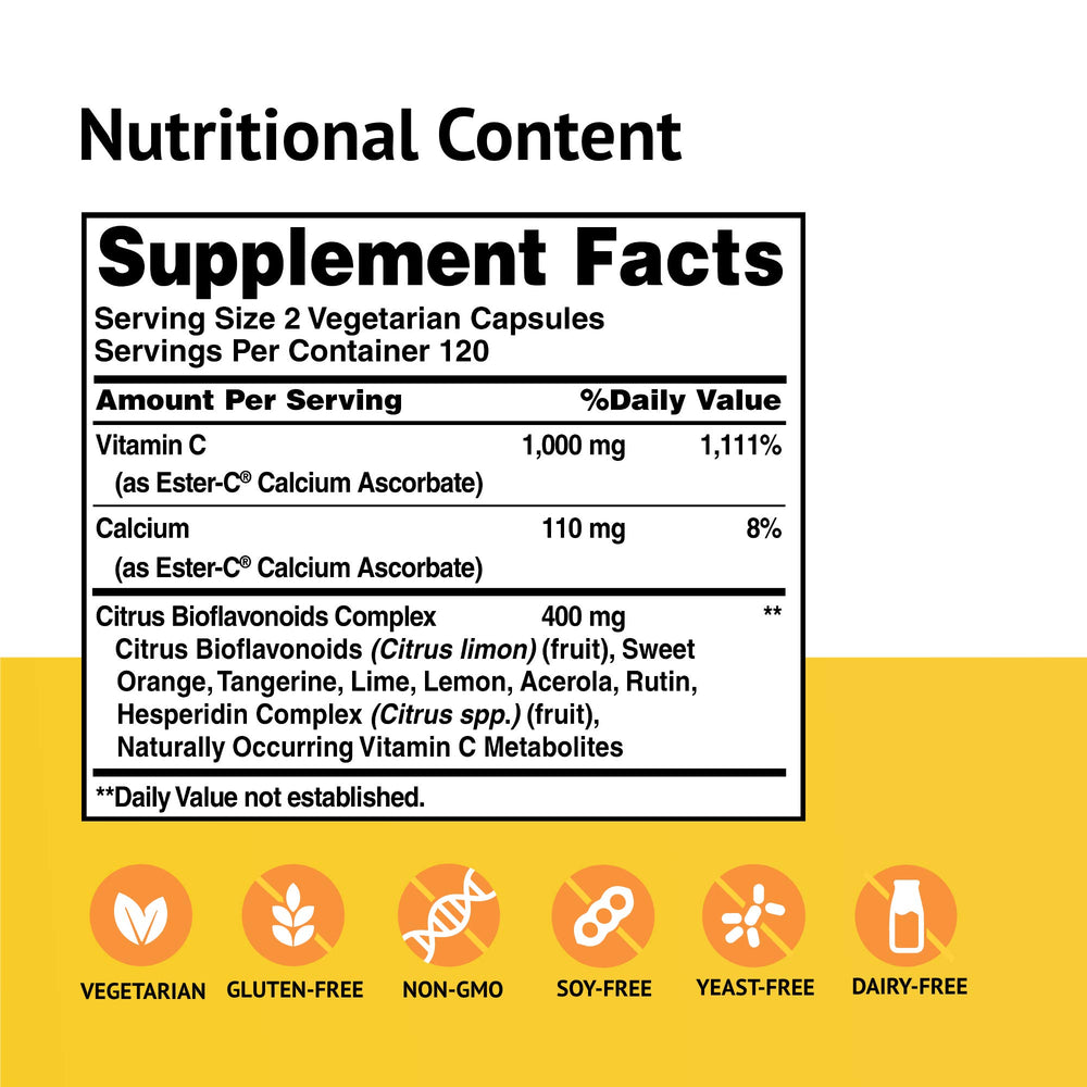 American Health Ester-C bottle on shelf in amber glass, non-GMO formula.