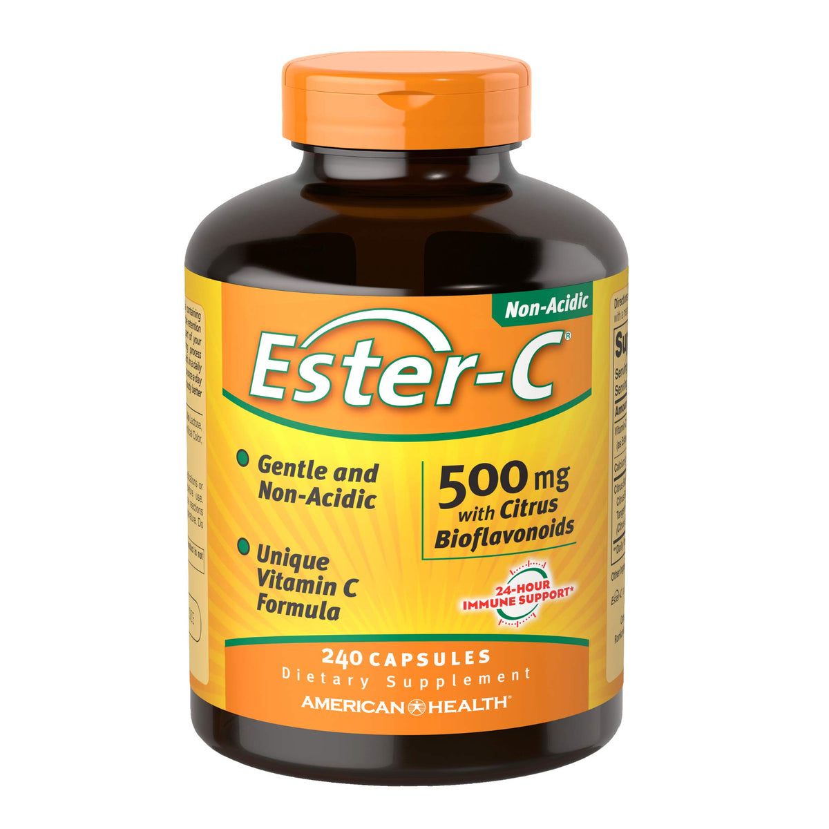 American Health Ester-C bottle front view highlighting a gentle, non-acidic vitamin C for daily use.