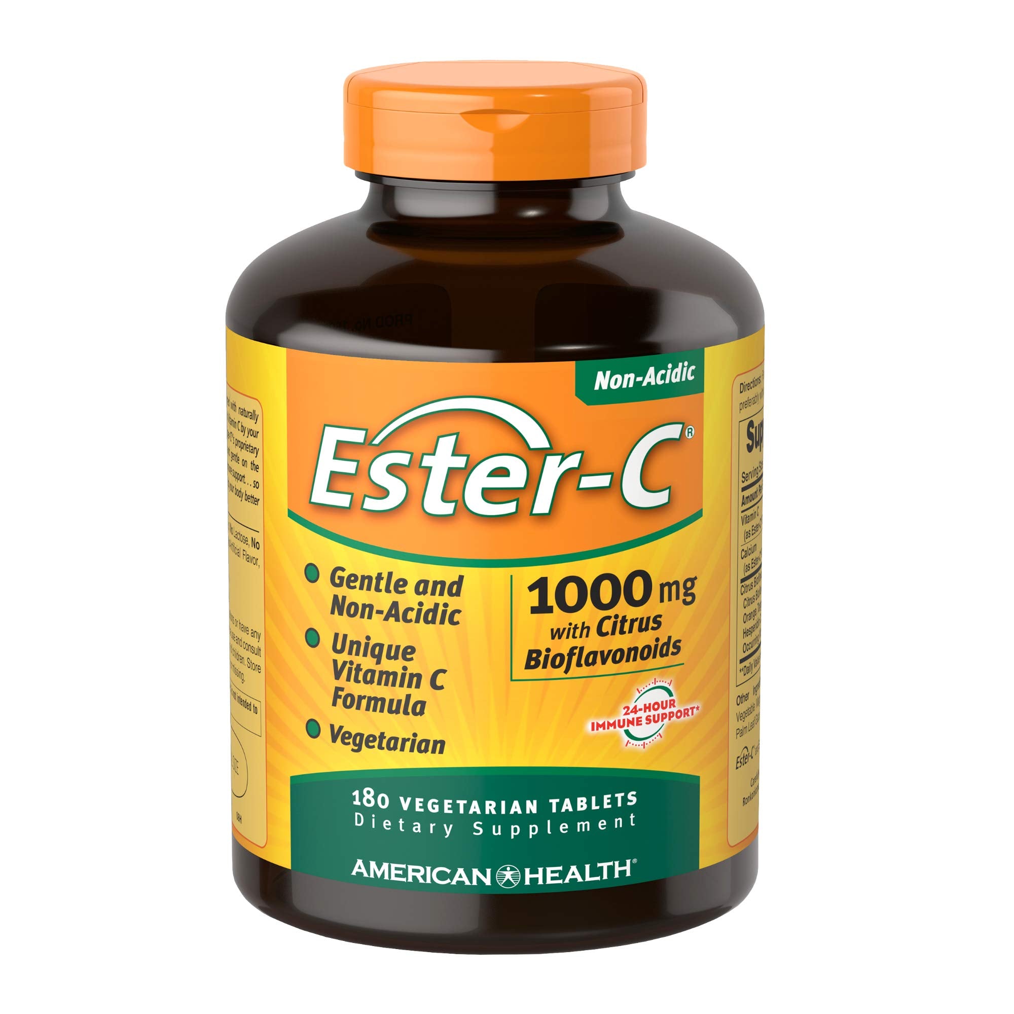 American Health Ester-C bottle close-up highlighting citrus bioflavonoids for gentle daily vitamin C