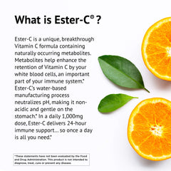 Close-up of American Health Ester-C label with citrus bioflavonoids for absorption.