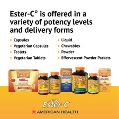 American Health Ester-C label with supplement facts and vitamin C details.