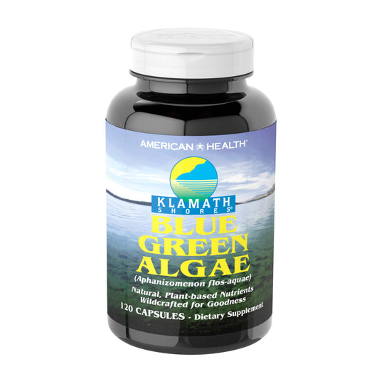 American Health Klamath Shores blue green algae bottle front illustrates daily nourishment.