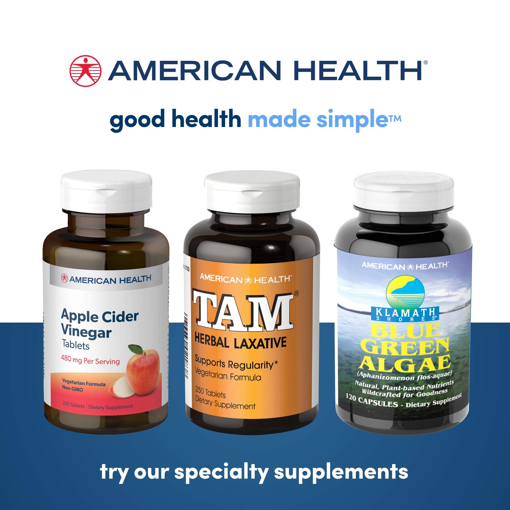 American Health Klamath Shores product on shelf signals natural supplement with convenient count.