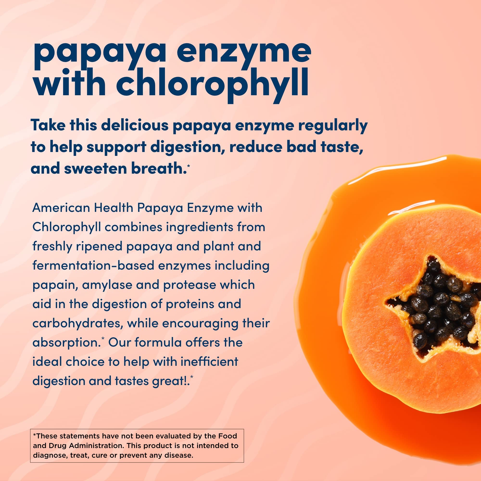 Tablets illustrating breath freshness benefits after meals from American Health Papaya Enzyme
