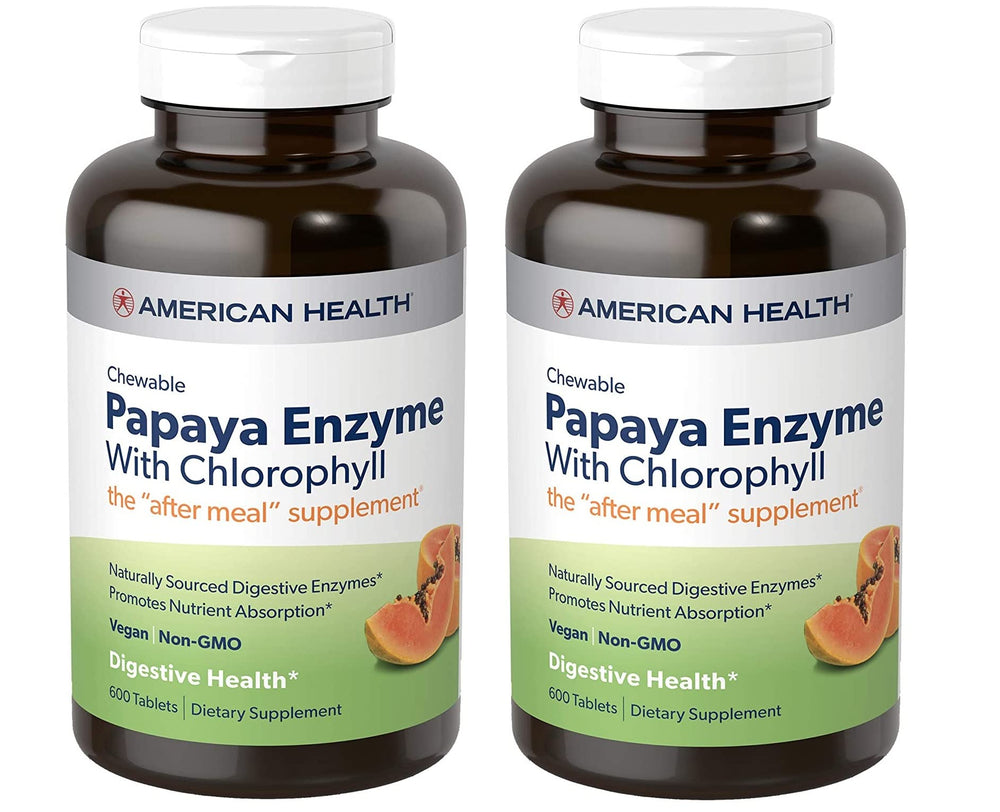 American Health Papaya Enzyme chewables; two-pack with chlorophyll for post-meal support.