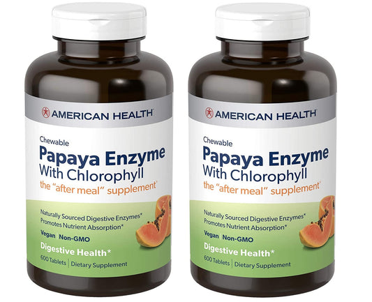 American Health Papaya Enzyme chewables; two-pack with chlorophyll for post-meal support.