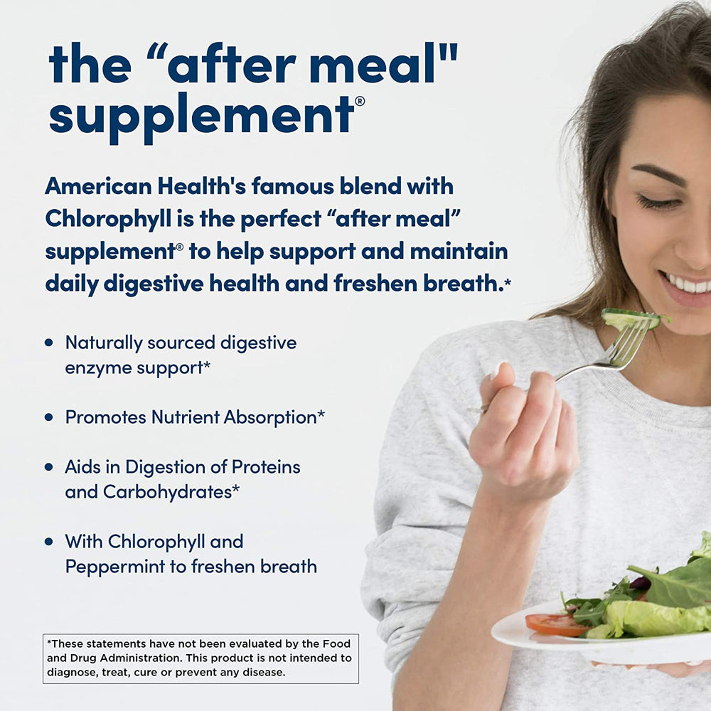 American Health Papaya Enzyme with chlorophyll and peppermint for fresh breath.