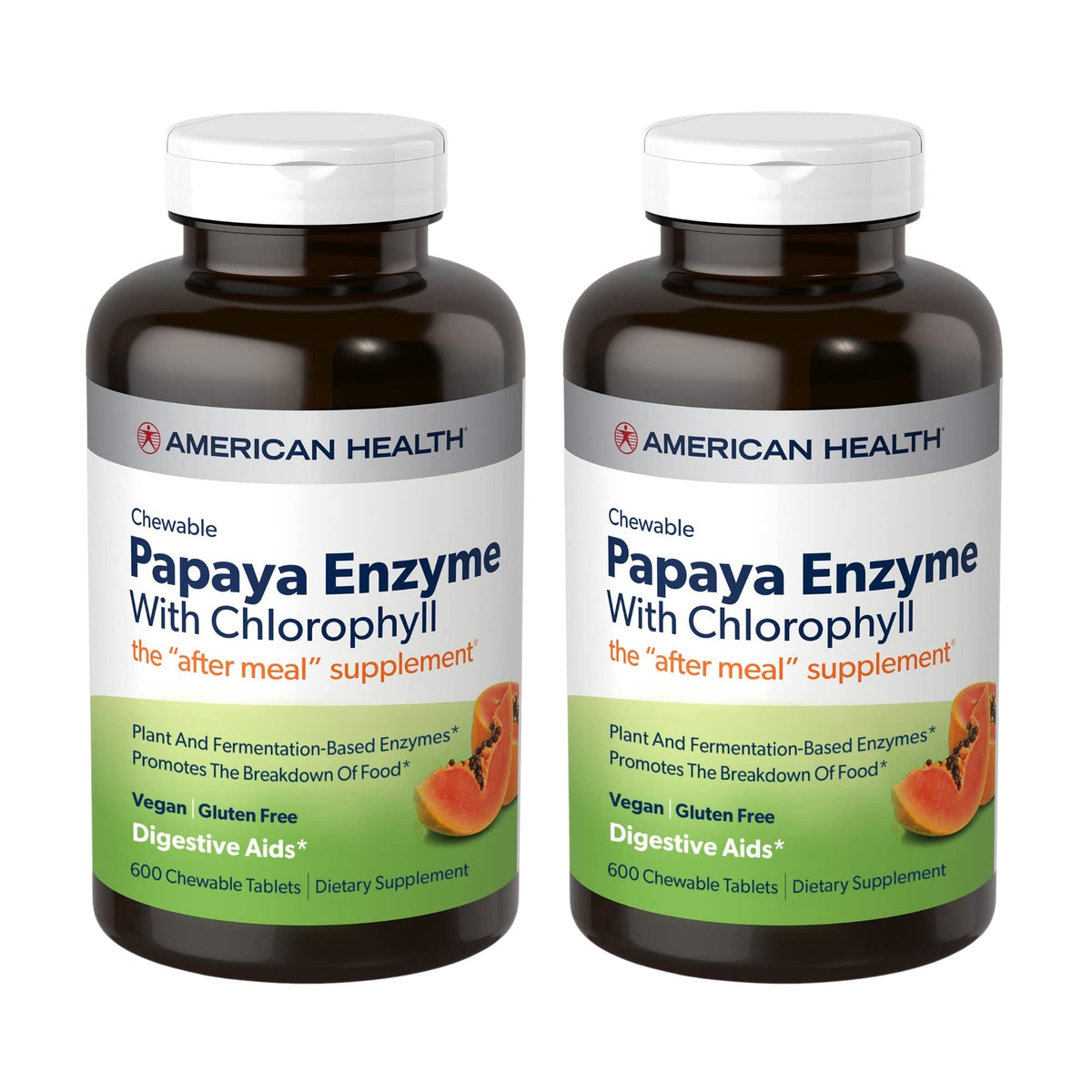 American Health Papaya Enzyme with Chlorophyll tablets in a 2-pack bottle for potential nutrient absorption support