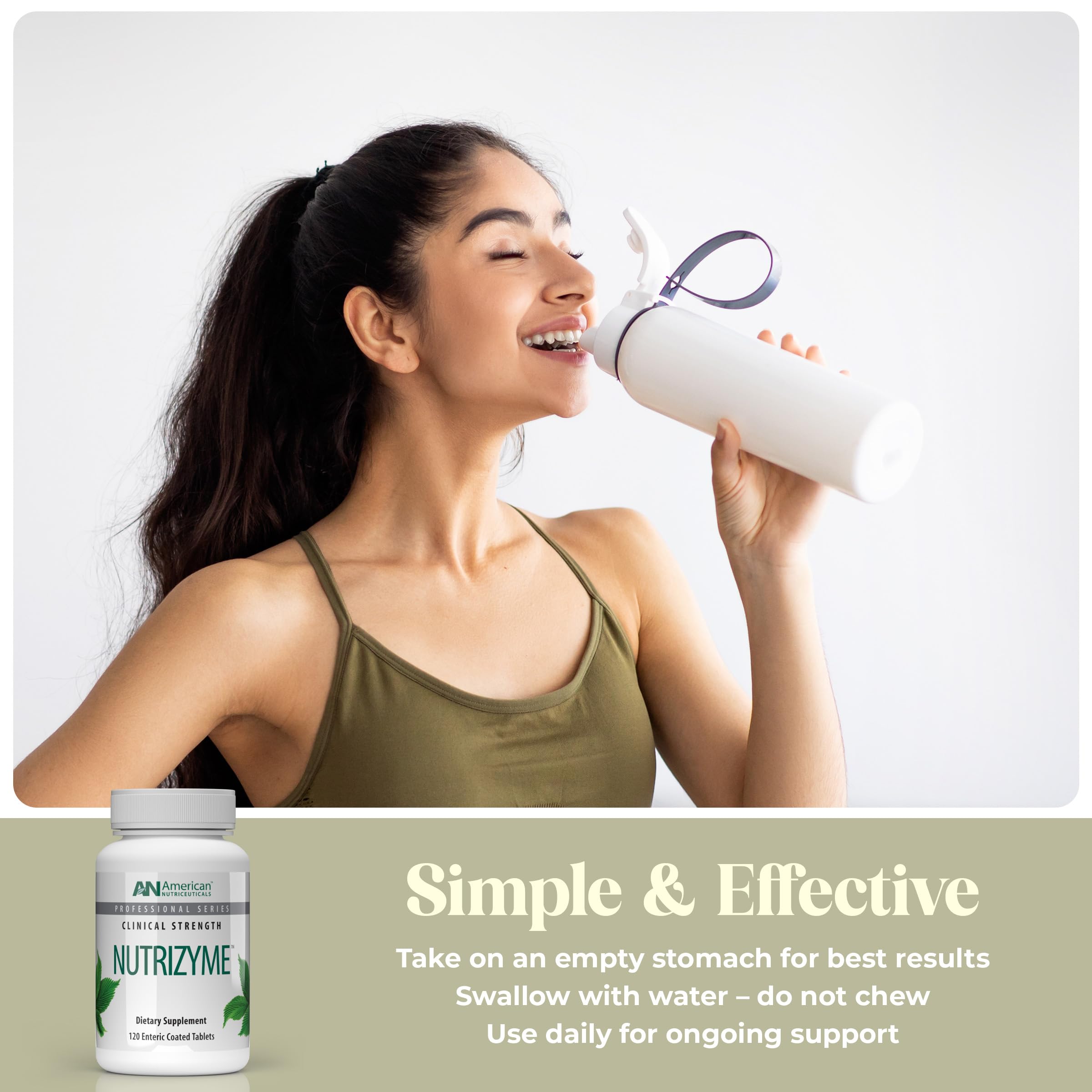 American Nutriceuticals Nutrizyme bottle on a desk for convenient use.
