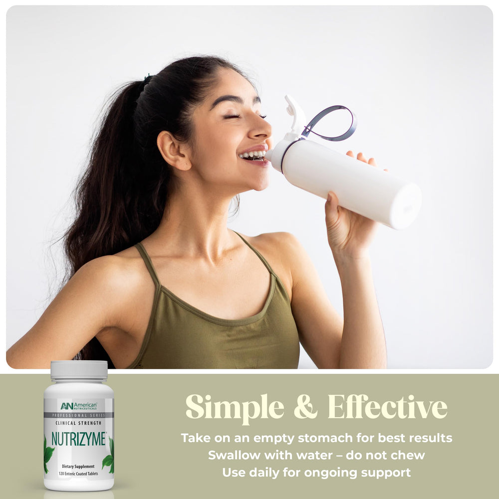 American Nutriceuticals Nutrizyme bottle on a desk for convenient use.