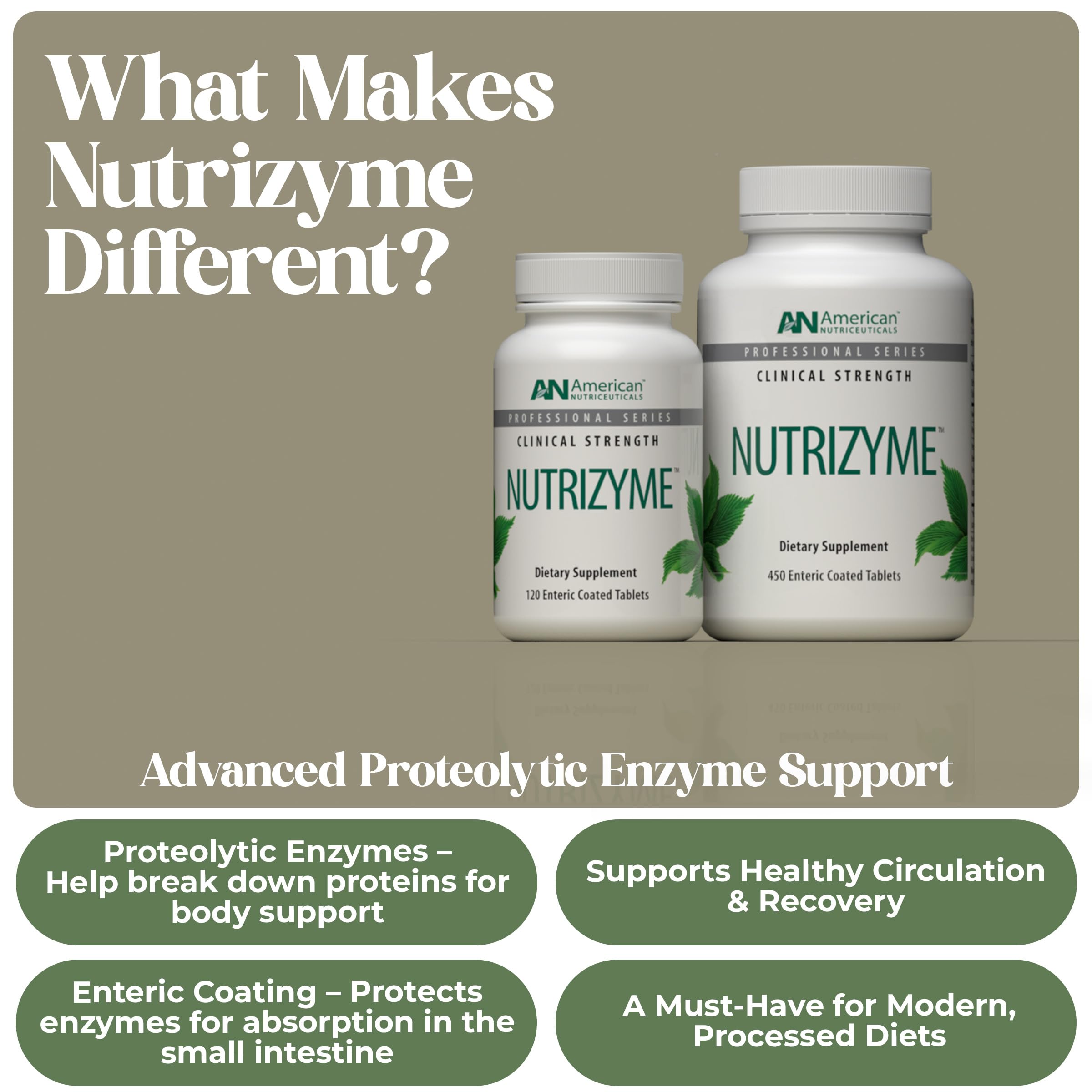 American Nutriceuticals Nutrizyme capsules ready for enzyme-based daily circulation support.