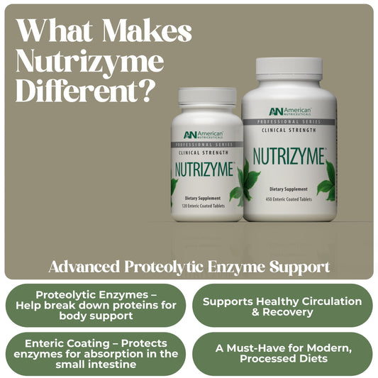 American Nutriceuticals Nutrizyme capsules ready for enzyme-based daily circulation support.
