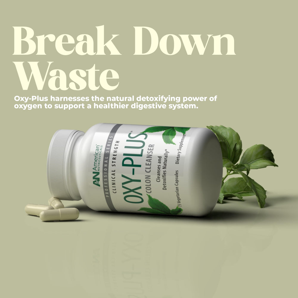 American Nutriceuticals Oxy-Plus digestive system graphic showing whole-body focus.