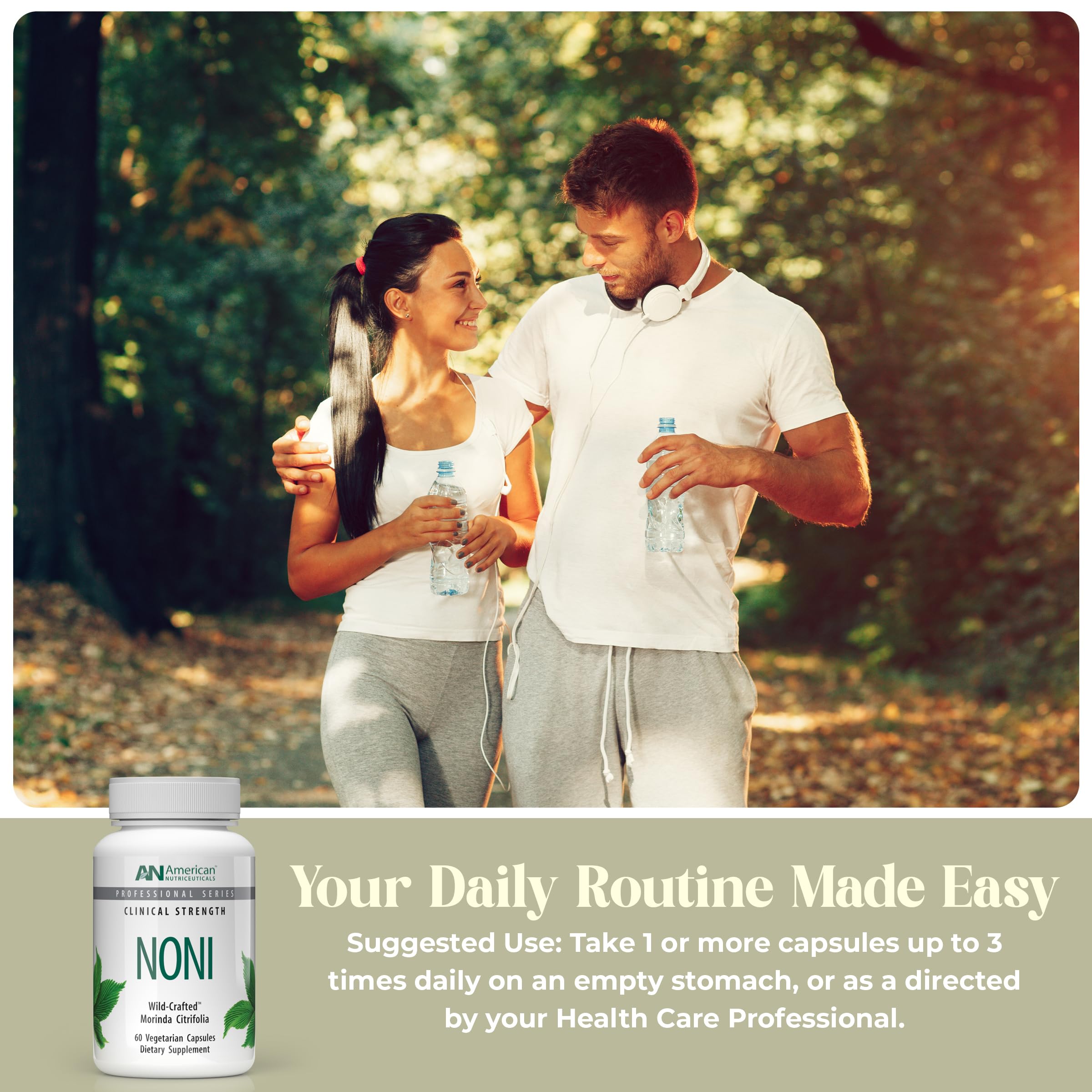 Close-up of Noni capsules illustrating convenient adaptogen daily supplement.