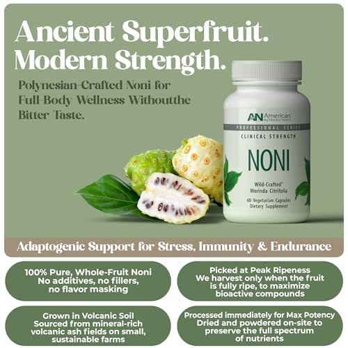 Vitality C Noni label close-up highlighting 100% whole fruit powder.