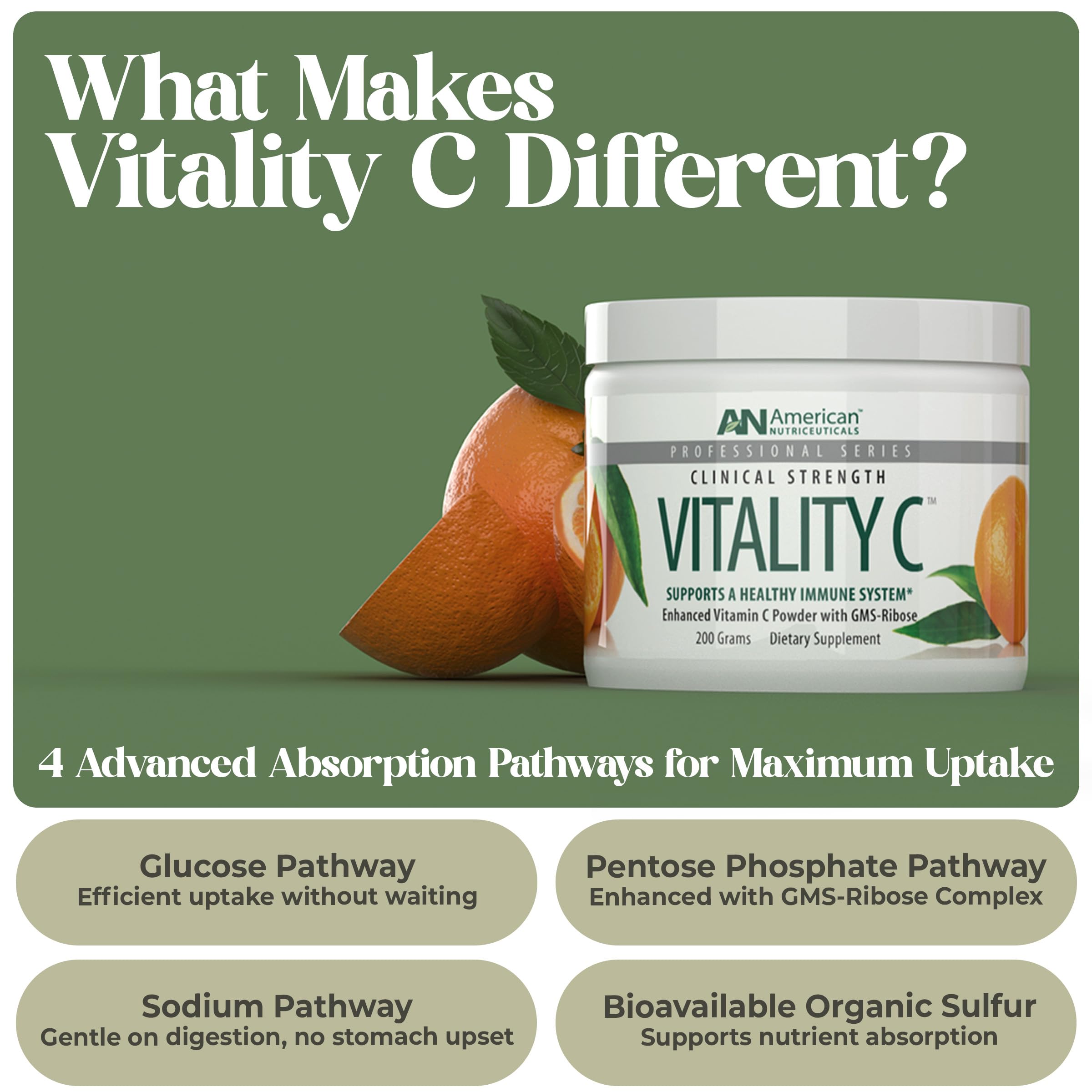 American Nutriceuticals Vitamin C powder pour — tasteless mix into water or juice.