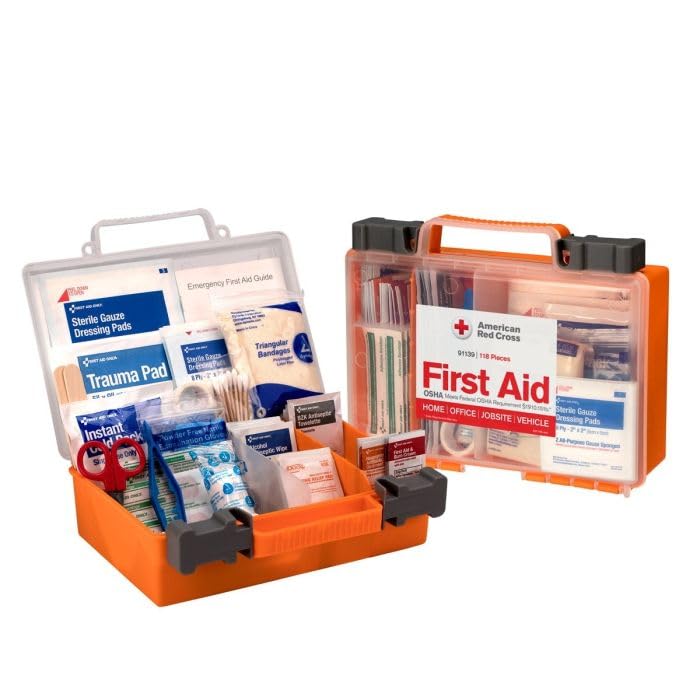 American Red Cross 25-person first aid kit in a durable hard case for quick access.